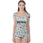 Blue Colorful Cats Silhouettes Pattern Short Sleeve Leotard