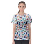Blue Colorful Cats Silhouettes Pattern Women s Sport Mesh Tee