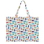 Blue Colorful Cats Silhouettes Pattern Zipper Large Tote Bag