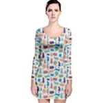 Blue Colorful Cats Silhouettes Pattern Long Sleeve Velvet Bodycon Dress