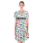 Blue Colorful Cats Silhouettes Pattern Short Sleeve V-neck Flare Dress