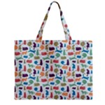 Blue Colorful Cats Silhouettes Pattern Medium Tote Bag