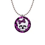 Pink Polka Dot Bow Skull 1  Button Necklace