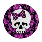 Pink Polka Dot Bow Skull Round Ornament (Two Sides)