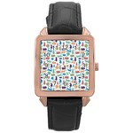 Blue Colorful Cats Silhouettes Pattern Rose Gold Leather Watch 