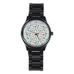 Blue Colorful Cats Silhouettes Pattern Stainless Steel Round Watch