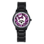 Pink Polka Dot Bow Skull Stainless Steel Round Watch
