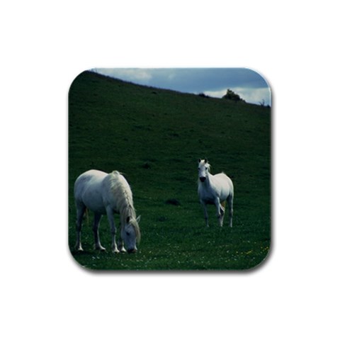 Two White Horses 0002 Rubber Square Coaster (4 pack) from ArtsNow.com Front