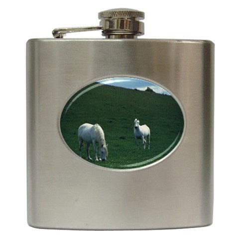 Two White Horses 0002 Hip Flask (6 oz) from ArtsNow.com Front