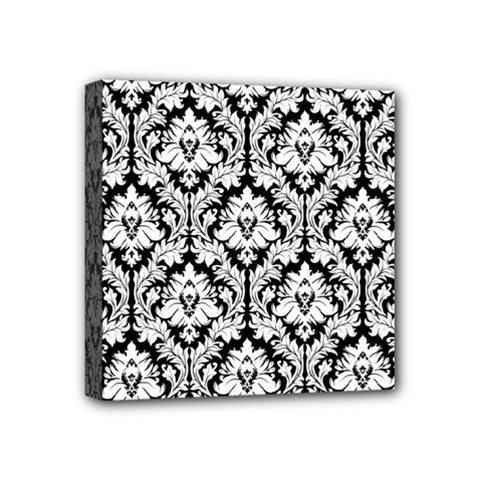 White On Black Damask Mini Canvas 4  x 4  (Framed) from ArtsNow.com