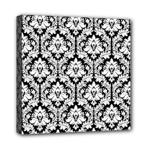 White On Black Damask Mini Canvas 8  x 8  (Framed) from ArtsNow.com