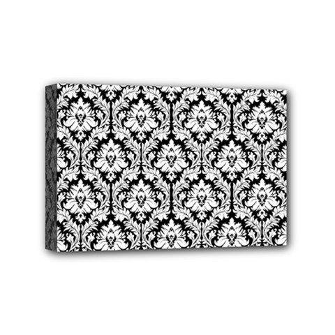 White On Black Damask Mini Canvas 6  x 4  (Framed) from ArtsNow.com