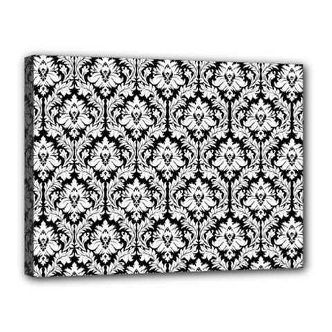 White On Black Damask Canvas 16  x 12  (Framed) from ArtsNow.com