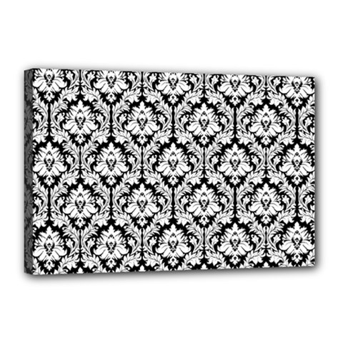 White On Black Damask Canvas 18  x 12  (Framed) from ArtsNow.com