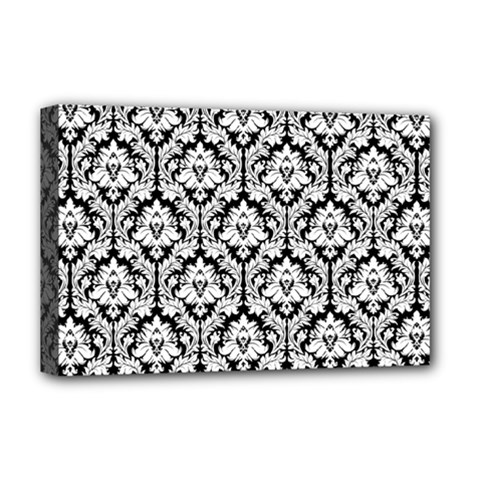 White On Black Damask Deluxe Canvas 18  x 12  (Framed) from ArtsNow.com