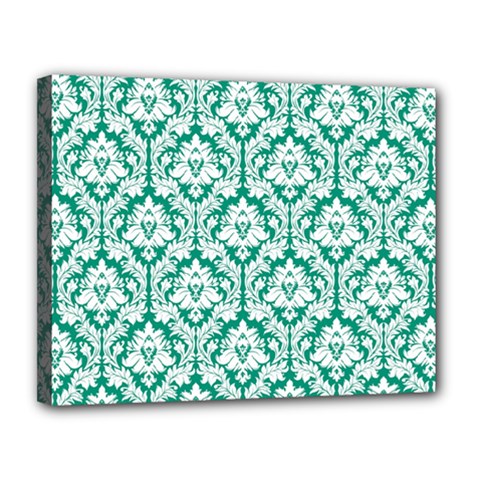 White On Emerald Green Damask Canvas 14  x 11  (Framed) from ArtsNow.com