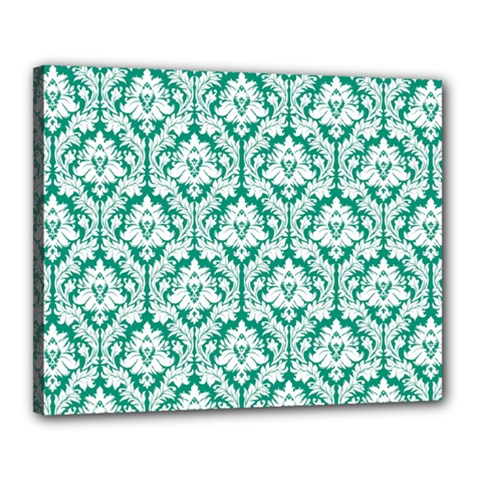 White On Emerald Green Damask Canvas 20  x 16  (Framed) from ArtsNow.com