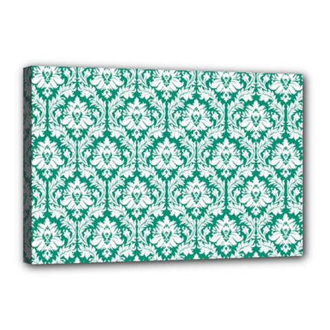 White On Emerald Green Damask Canvas 18  x 12  (Framed) from ArtsNow.com