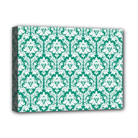 White On Emerald Green Damask Deluxe Canvas 16  x 12  (Framed)  from ArtsNow.com