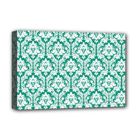 White On Emerald Green Damask Deluxe Canvas 18  x 12  (Framed) from ArtsNow.com