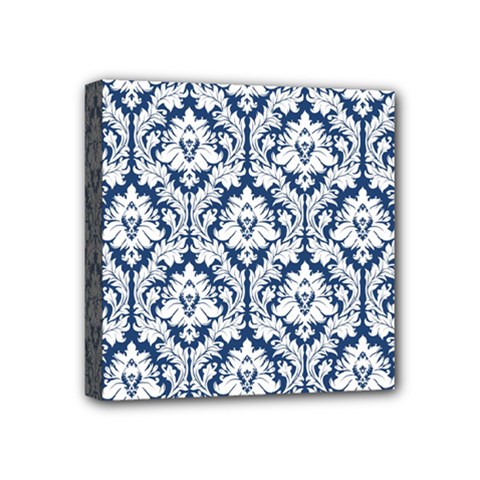 White On Blue Damask Mini Canvas 4  x 4  (Framed) from ArtsNow.com