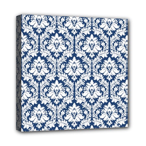 White On Blue Damask Mini Canvas 8  x 8  (Framed) from ArtsNow.com