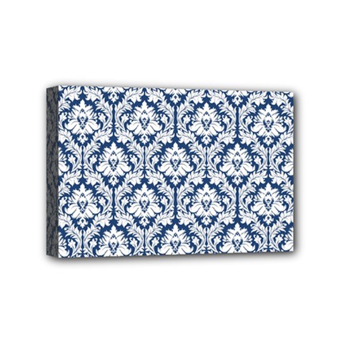 White On Blue Damask Mini Canvas 6  x 4  (Framed) from ArtsNow.com