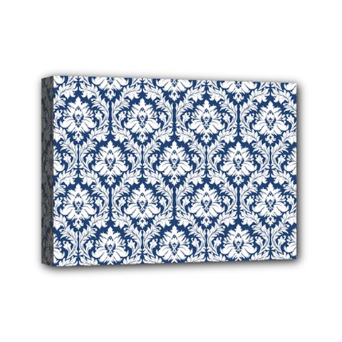 White On Blue Damask Mini Canvas 7  x 5  (Framed) from ArtsNow.com