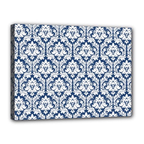 White On Blue Damask Canvas 16  x 12  (Framed) from ArtsNow.com