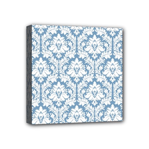 White On Light Blue Damask Mini Canvas 4  x 4  (Framed) from ArtsNow.com