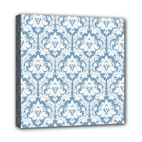 White On Light Blue Damask Mini Canvas 8  x 8  (Framed) from ArtsNow.com