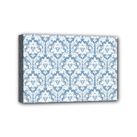 White On Light Blue Damask Mini Canvas 6  x 4  (Framed) from ArtsNow.com