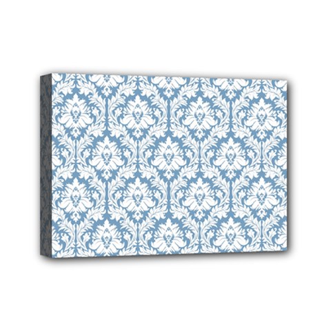 White On Light Blue Damask Mini Canvas 7  x 5  (Framed) from ArtsNow.com