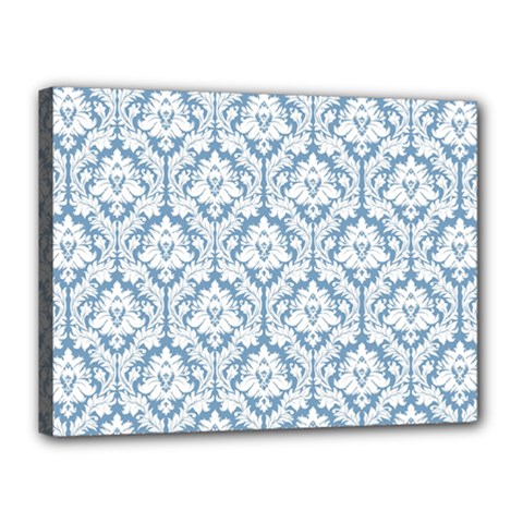 White On Light Blue Damask Canvas 16  x 12  (Framed) from ArtsNow.com