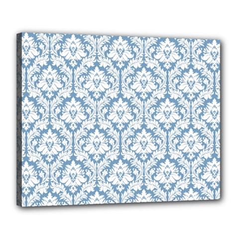 White On Light Blue Damask Canvas 20  x 16  (Framed) from ArtsNow.com