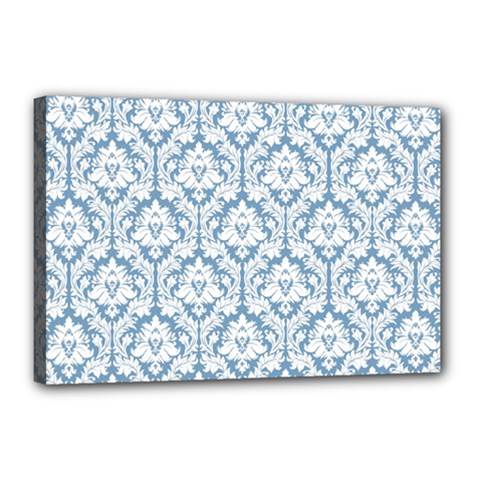 White On Light Blue Damask Canvas 18  x 12  (Framed) from ArtsNow.com