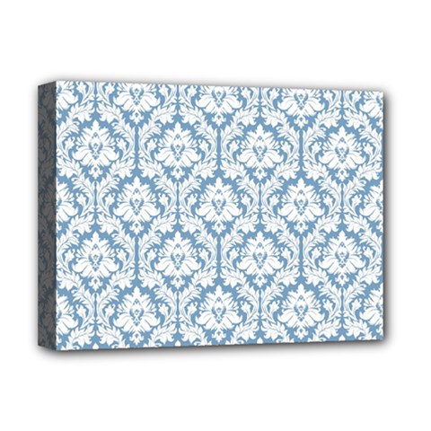 White On Light Blue Damask Deluxe Canvas 16  x 12  (Framed)  from ArtsNow.com