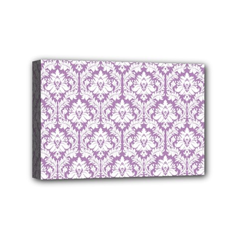 White On Lilac Damask Mini Canvas 6  x 4  (Framed) from ArtsNow.com