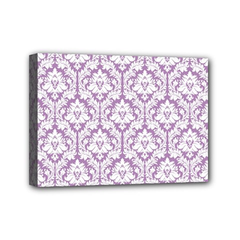 White On Lilac Damask Mini Canvas 7  x 5  (Framed) from ArtsNow.com