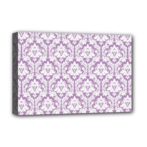 White On Lilac Damask Deluxe Canvas 18  x 12  (Framed) from ArtsNow.com