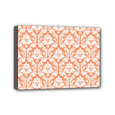 White On Orange Damask Mini Canvas 7  x 5  (Framed) from ArtsNow.com