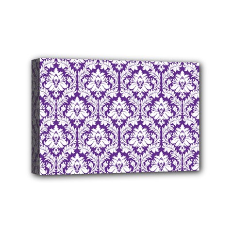 White on Purple Damask Mini Canvas 6  x 4  (Framed) from ArtsNow.com