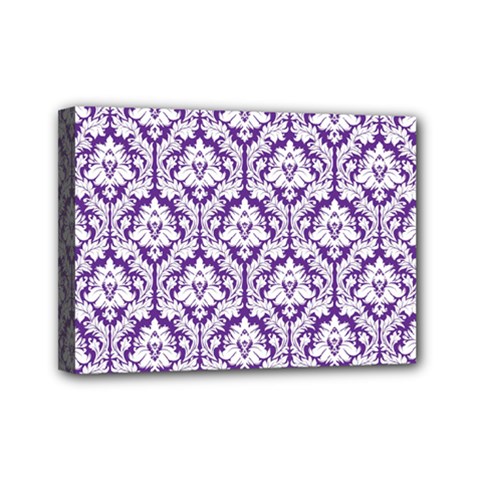 White on Purple Damask Mini Canvas 7  x 5  (Framed) from ArtsNow.com