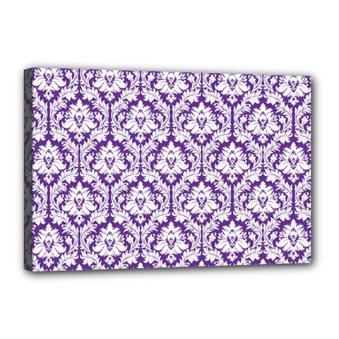 White on Purple Damask Canvas 18  x 12  (Framed) from ArtsNow.com