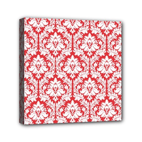 White On Red Damask Mini Canvas 6  x 6  (Framed) from ArtsNow.com