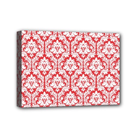 White On Red Damask Mini Canvas 7  x 5  (Framed) from ArtsNow.com