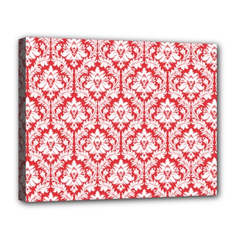 White On Red Damask Canvas 14  x 11  (Framed) from ArtsNow.com