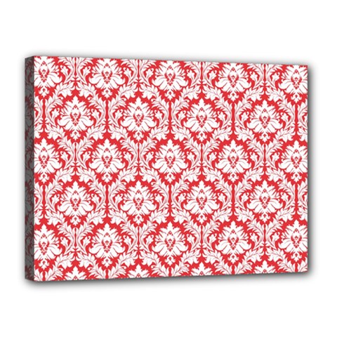 White On Red Damask Canvas 16  x 12  (Framed) from ArtsNow.com