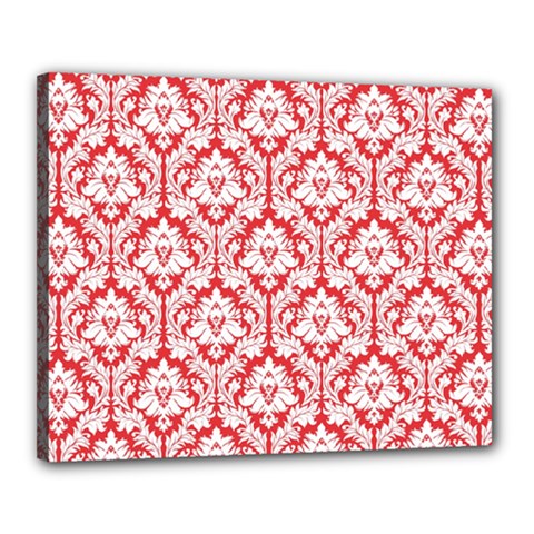 White On Red Damask Canvas 20  x 16  (Framed) from ArtsNow.com