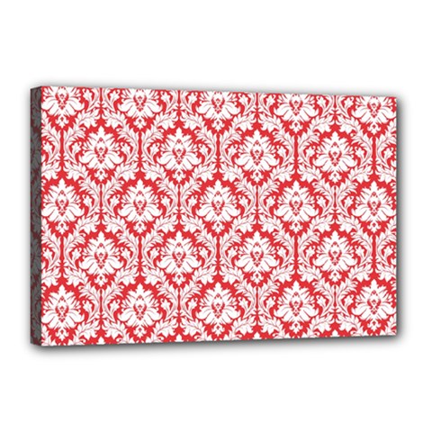 White On Red Damask Canvas 18  x 12  (Framed) from ArtsNow.com